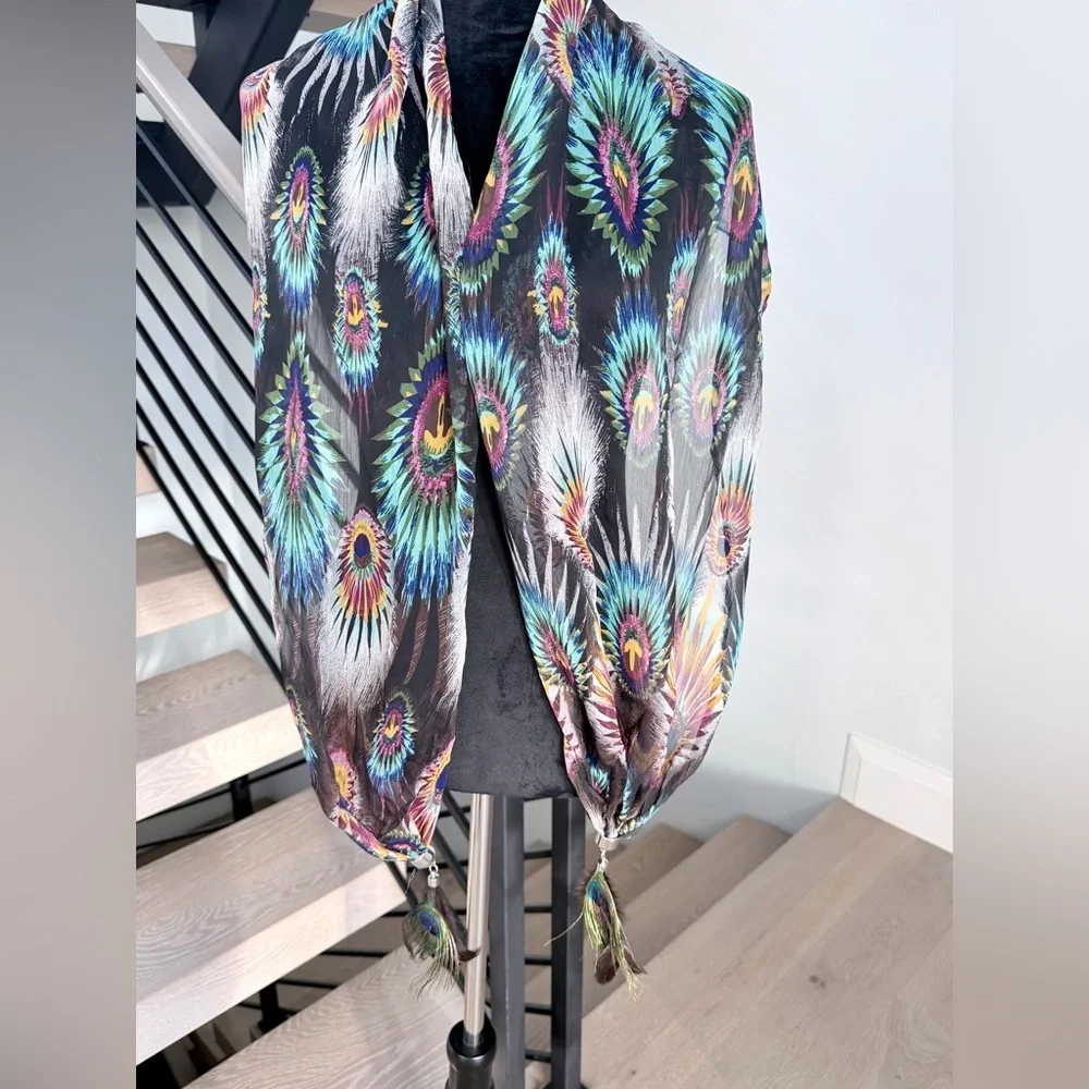 Peacock Feather Print Scarf Beach vacation Vintage Y2K